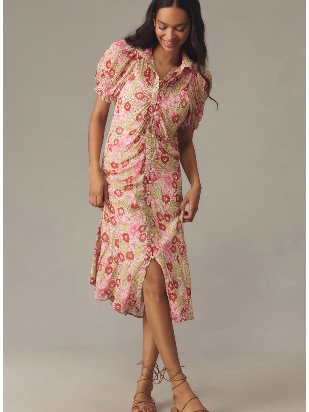 Anthropologie 22W Puff Sleeve Ruched Floral Mesh Midi Shirt Dress
